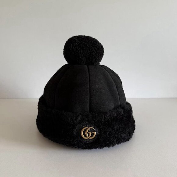 NWT GUCCI  Merino Wool Double G Dana Pom Pom Hat Sz S Black - Picture 1 of 11